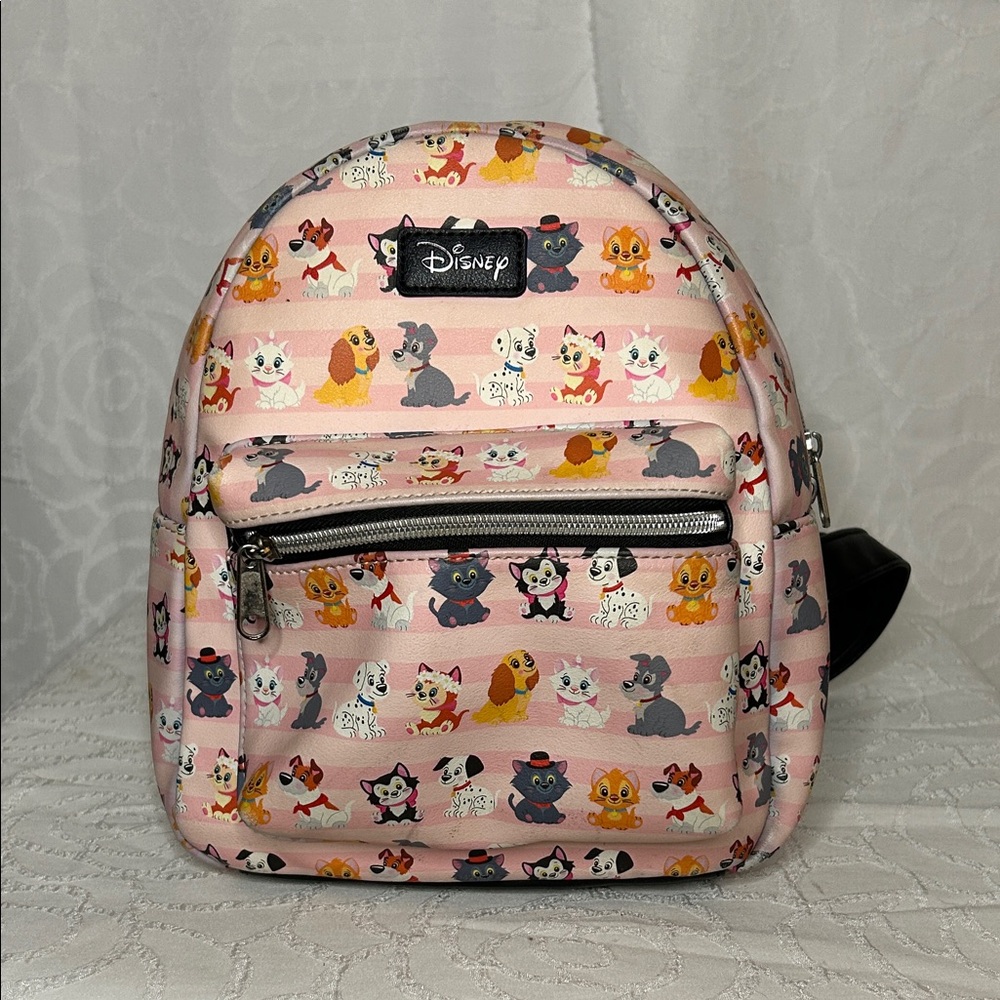 Loungefly Disney Kitties & Pups Disney Characters Pink Striped Mini Backpack.